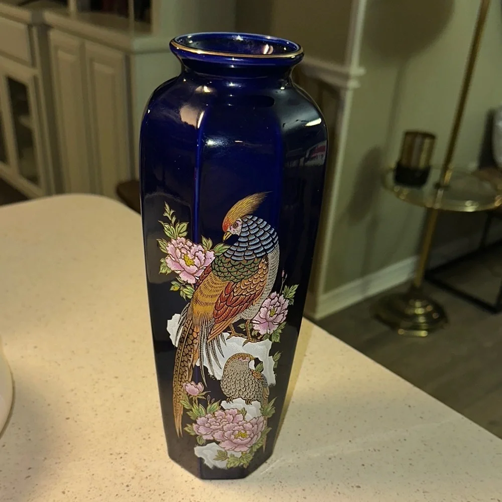 Japanese Blue Vase with Bird and Floral Design, Made in Japan